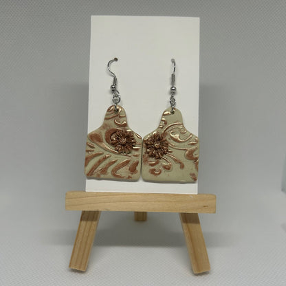 Western Cow Tag Polymer Clay Earrings with Small Floral Detail – Cream & Copper Dangles