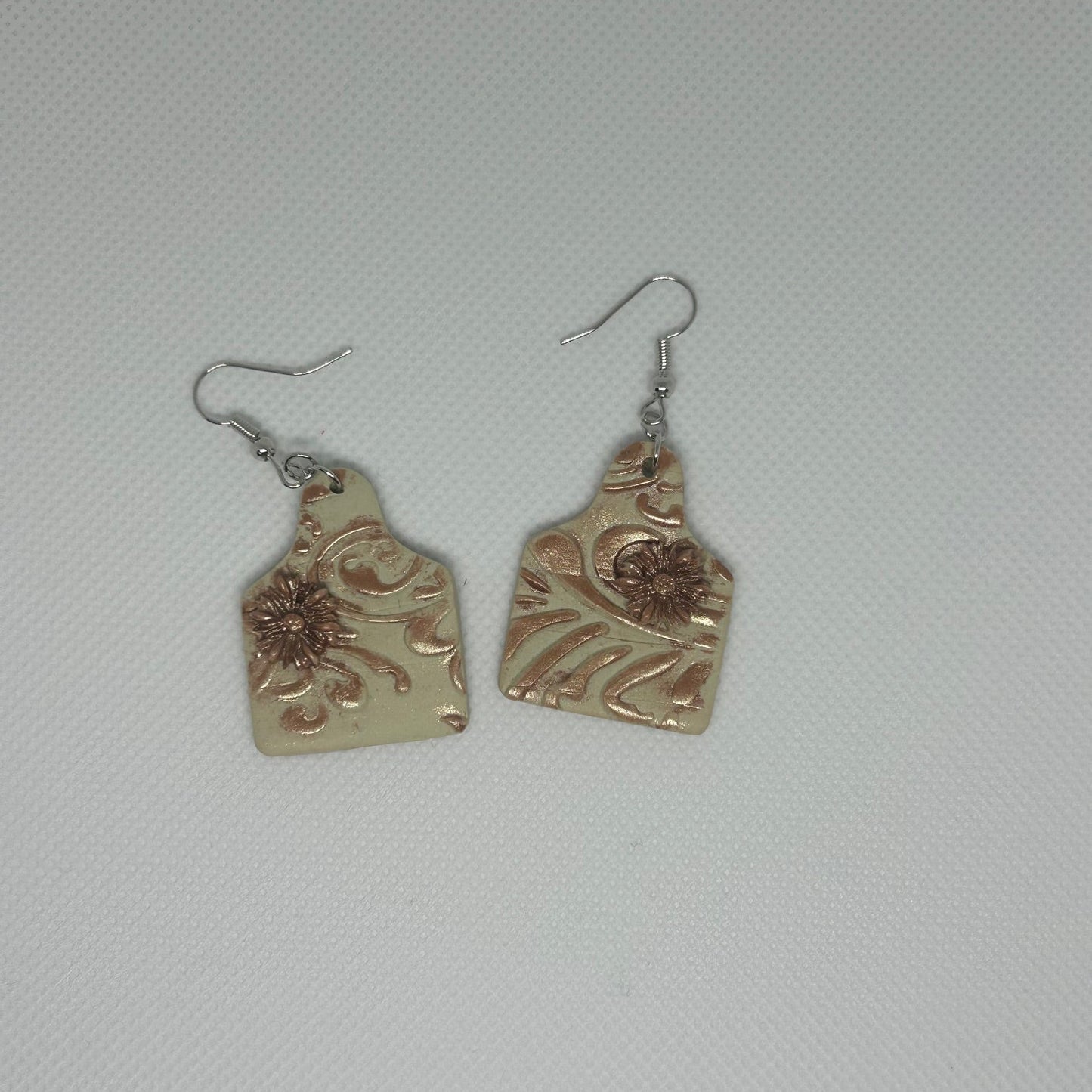 Western Cow Tag Polymer Clay Earrings with Small Floral Detail – Cream & Copper Dangles