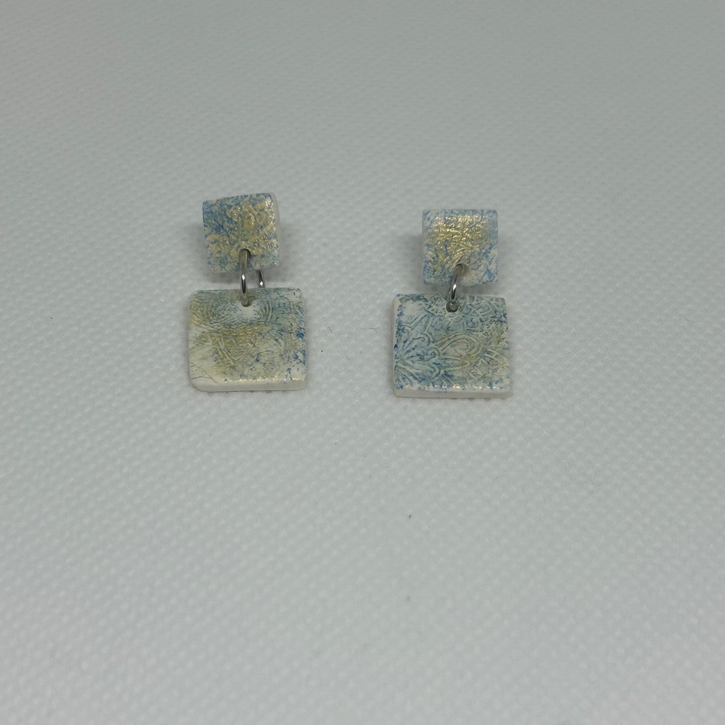 Blue Floral Square Dangle Earrings | White Base with Gold Accents