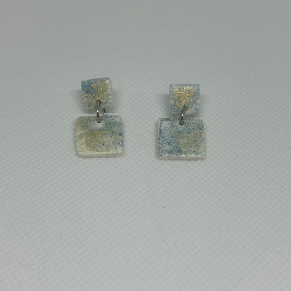 Blue Floral Square Dangle Earrings | White Base with Gold Accents