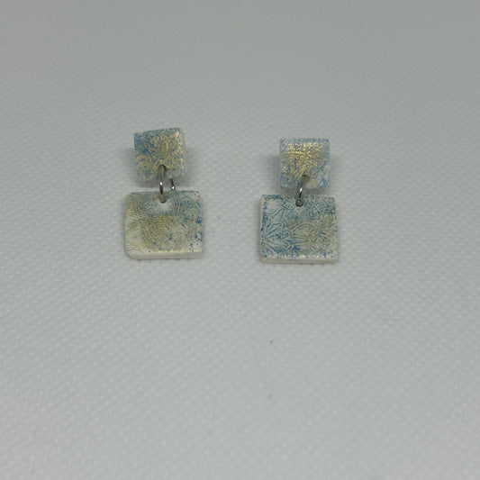 Blue Floral Square Dangle Earrings | White Base with Gold Accents
