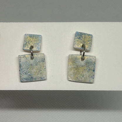 Blue Floral Square Dangle Earrings | White Base with Gold Accents