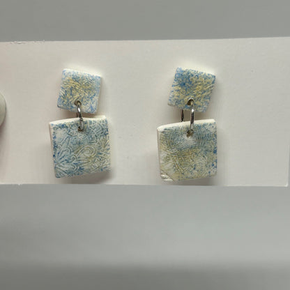 Blue Floral Square Dangle Earrings | White Base with Gold Accents