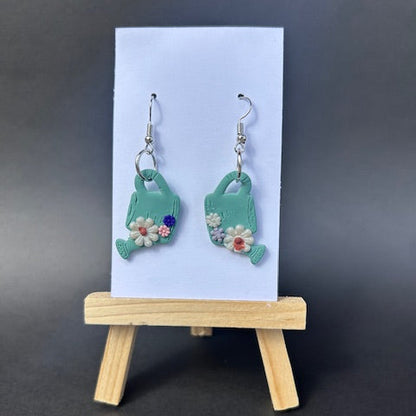 Handmade Polymer Clay Watering Can Earrings with Tiny Flowers – Floral Garden Jewelry, Dangle Earrings