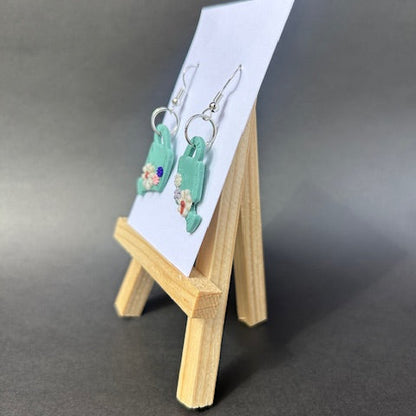 Handmade Polymer Clay Watering Can Earrings with Tiny Flowers – Floral Garden Jewelry, Dangle Earrings