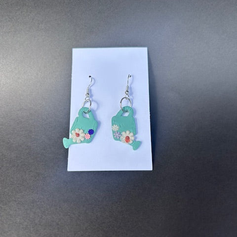 Handmade Polymer Clay Watering Can Earrings with Tiny Flowers – Floral Garden Jewelry, Dangle Earrings
