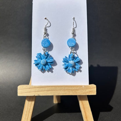 Blue & White Flower Earrings – Floral Polymer Clay Dangles