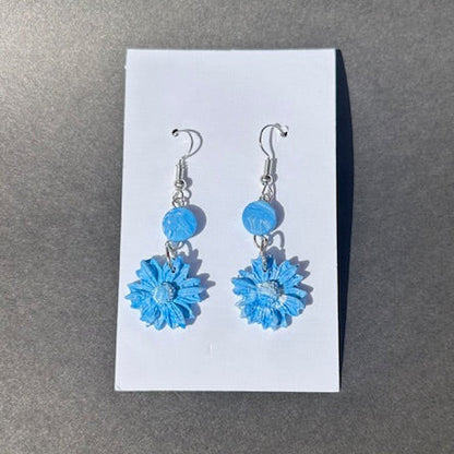 Blue & White Flower Earrings – Floral Polymer Clay Dangles