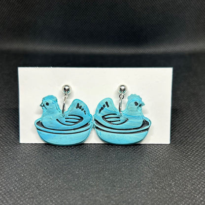 Blue Hen in Basket Polymer Clay Earrings – Handmade Farmhouse Charm Jewelry