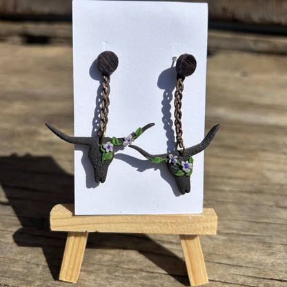 Steer Dangle Earrings | Wood-Look Polymer Clay Circle Post