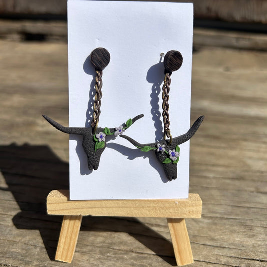 Steer Dangle Earrings | Wood-Look Polymer Clay Circle Post