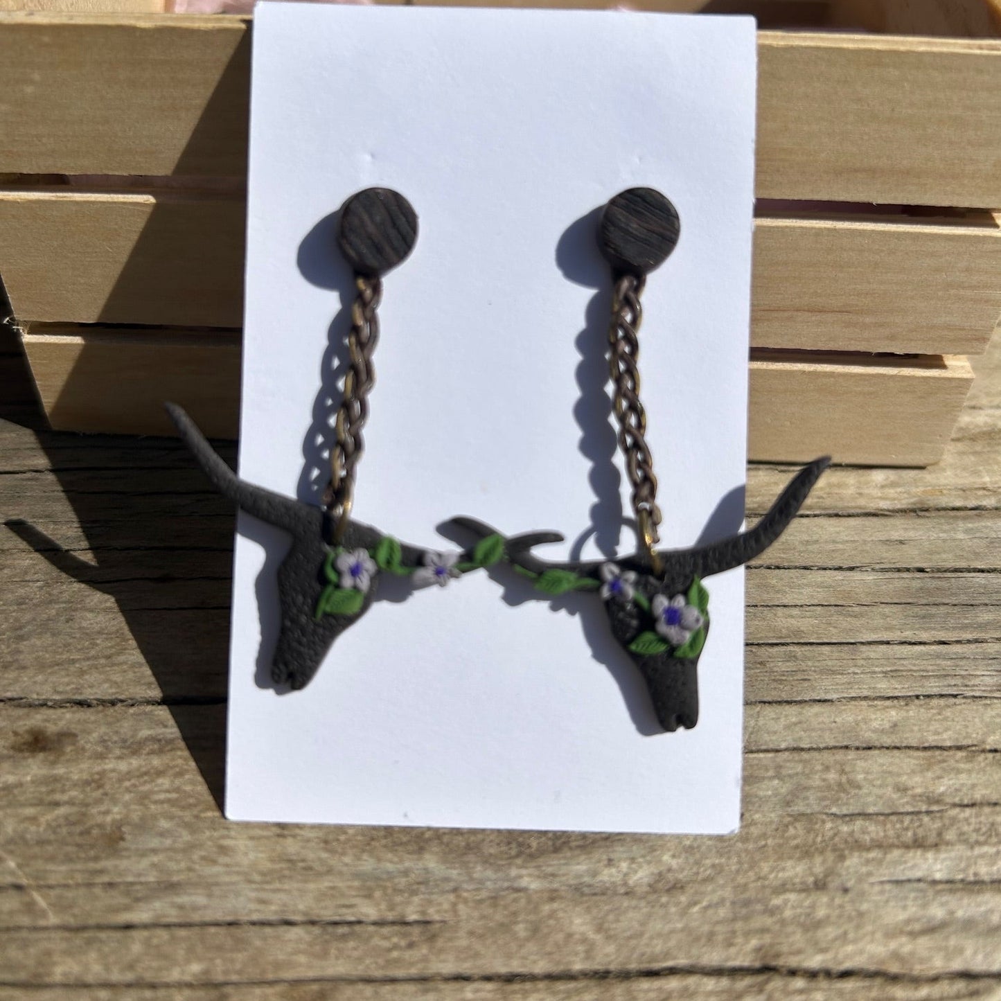 Steer Dangle Earrings | Wood-Look Polymer Clay Circle Post