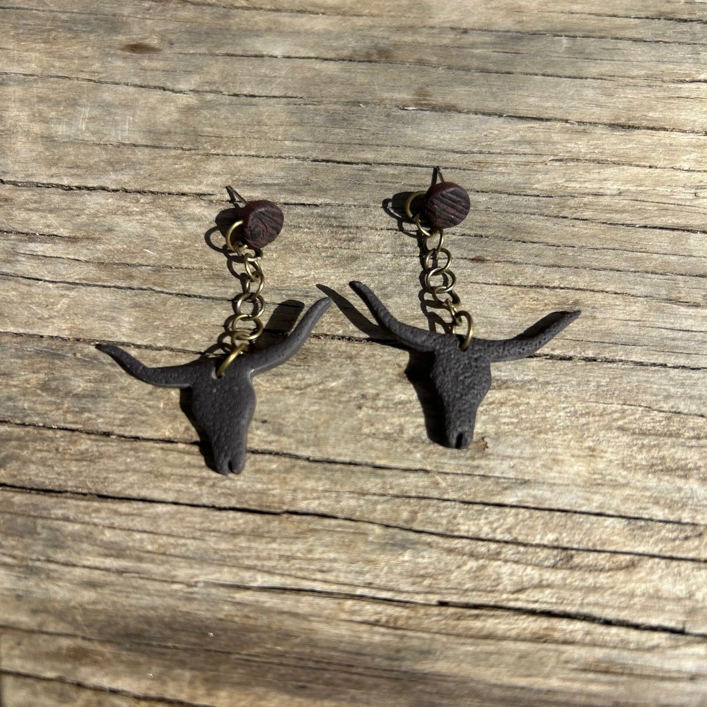 Steer Dangle Earrings | Wood-Look Polymer Clay Circle Post
