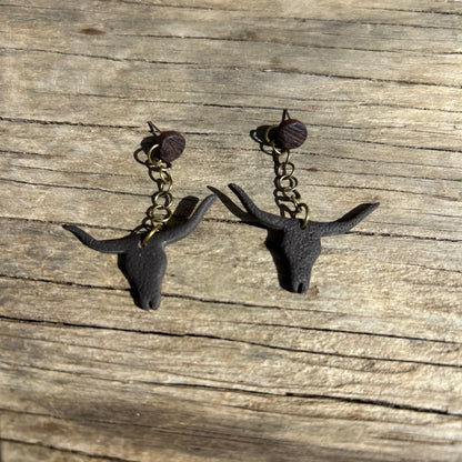 Steer Dangle Earrings | Wood-Look Polymer Clay Circle Post