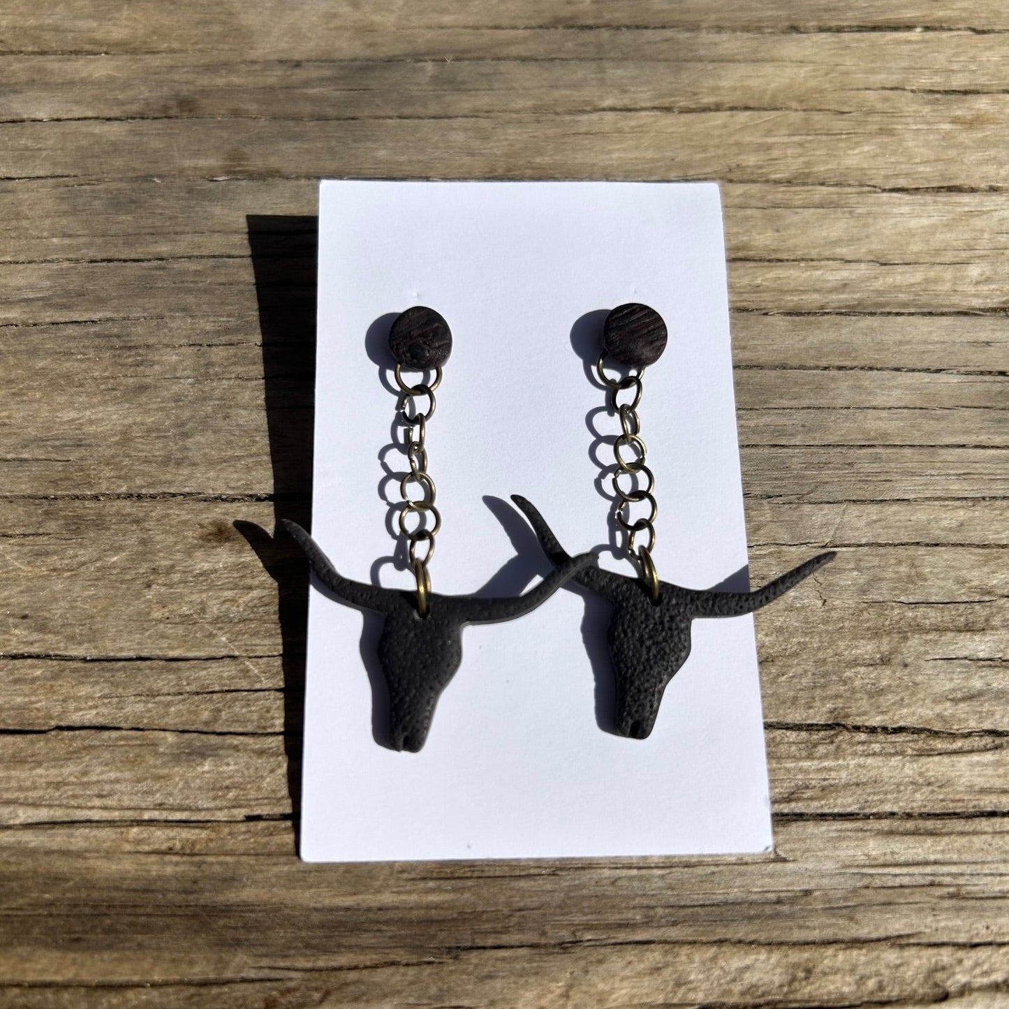 Steer Dangle Earrings | Wood-Look Polymer Clay Circle Post