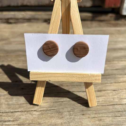 Wood Look Circle Post Earrings – Handmade Polymer Clay Studs | Lightweight Rustic Minimalist Jewelry