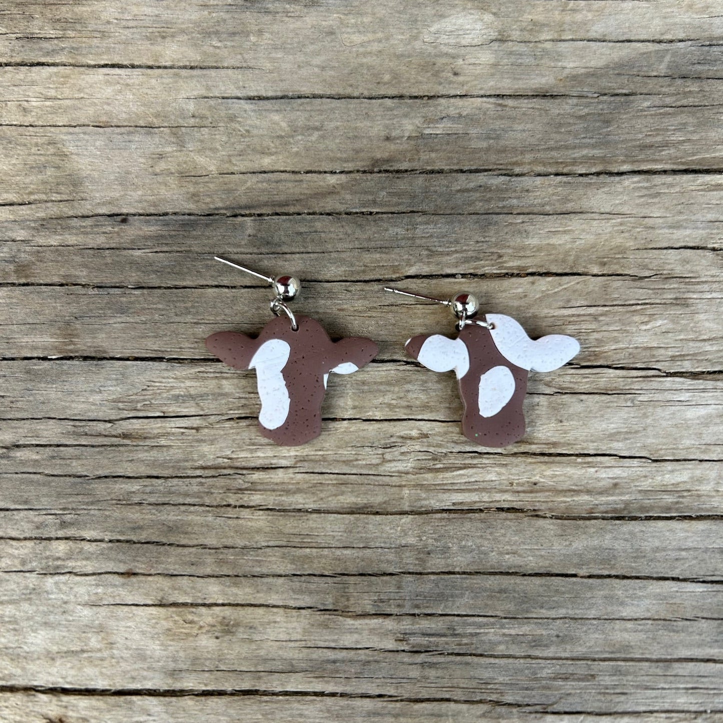 Brown & White Cow Print Dangle Earrings – Handmade Polymer Clay