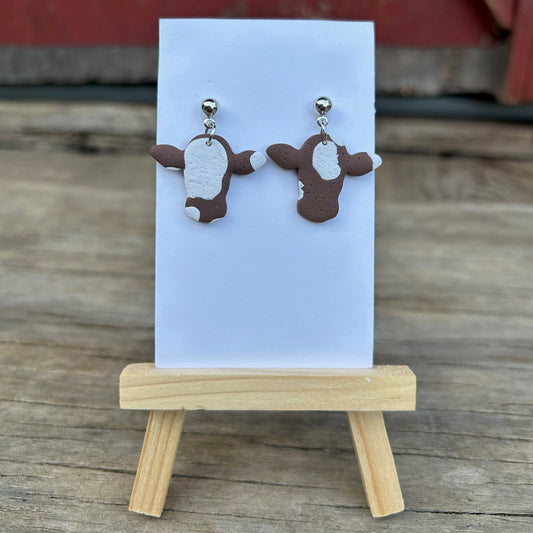 Brown & White Cow Print Dangle Earrings – Handmade Polymer Clay