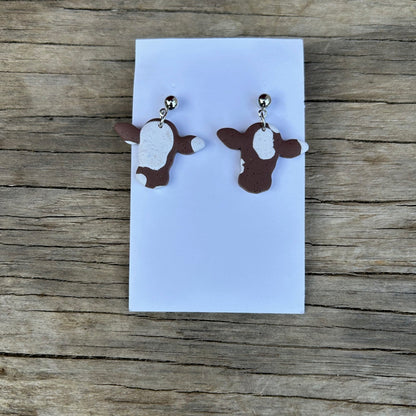 Brown & White Cow Print Dangle Earrings – Handmade Polymer Clay