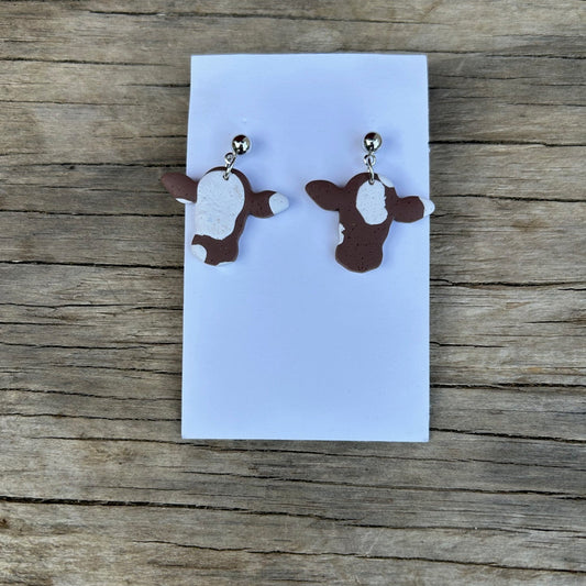 Brown & White Cow Print Dangle Earrings – Handmade Polymer Clay