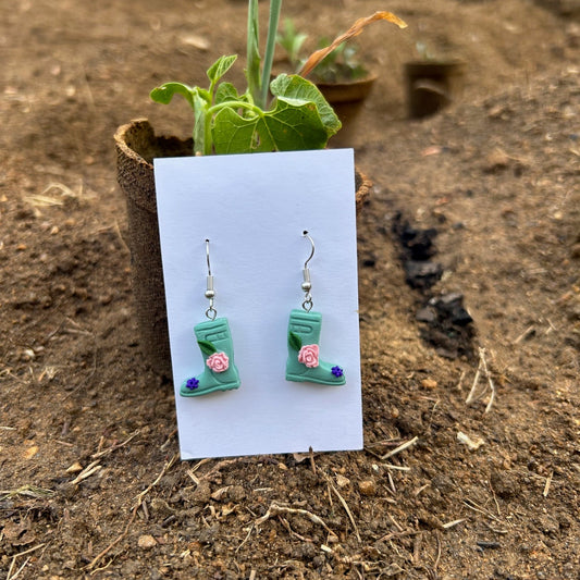 Floral Rainboot Earrings – Handmade Polymer Clay Boots | Cute Spring Garden Jewelry