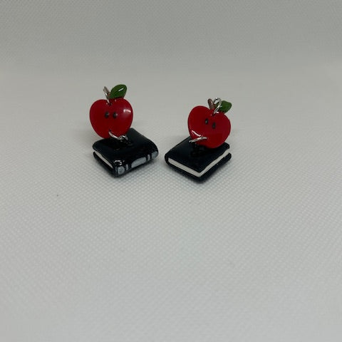 Apple & Book Polymer Clay Dangle Earrings – Resin Sealed