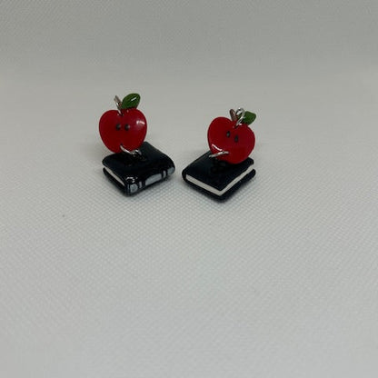 Apple & Book Polymer Clay Dangle Earrings – Resin Sealed