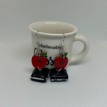 Apple & Book Polymer Clay Dangle Earrings – Resin Sealed