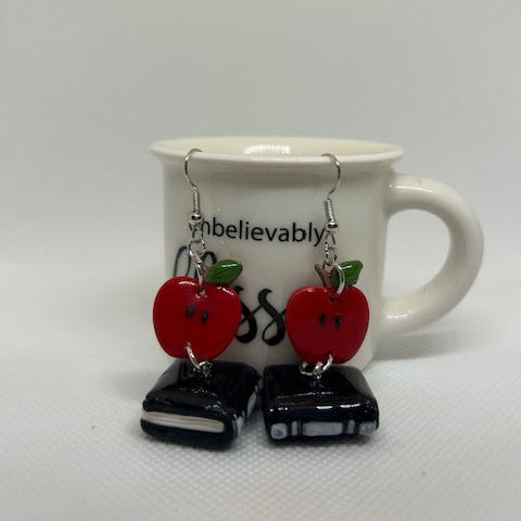 Apple & Book Polymer Clay Dangle Earrings – Resin Sealed