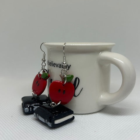 Apple & Book Polymer Clay Dangle Earrings – Resin Sealed