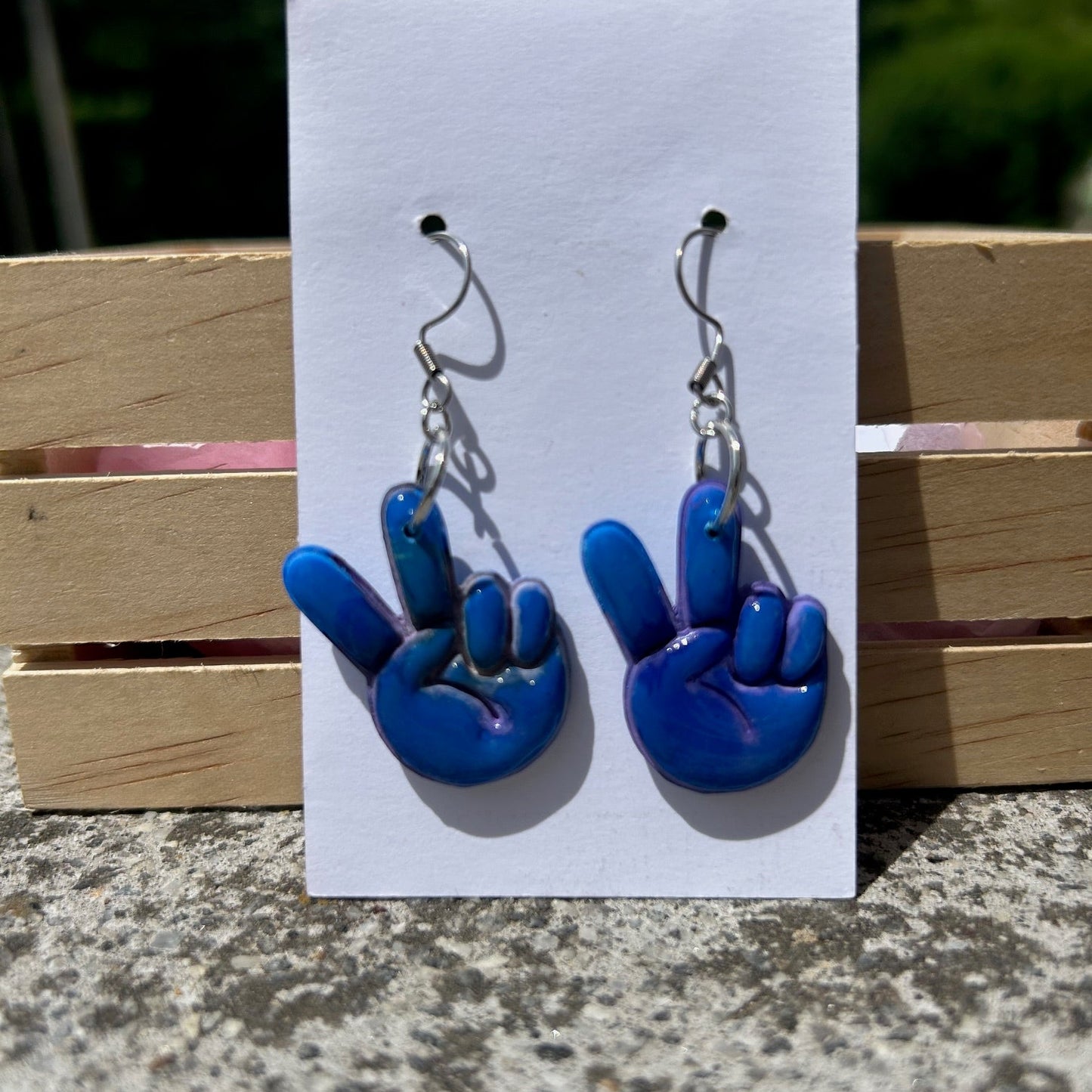 Handmade Blue Peace Sign Hand Earrings – Polymer Clay Dangle Earrings, Retro 70s Hippie Boho Lightweight Jewelry