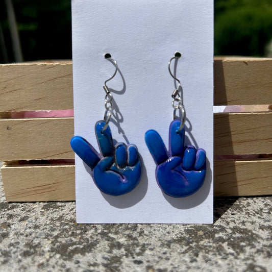 Handmade Blue Peace Sign Hand Earrings – Polymer Clay Dangle Earrings, Retro 70s Hippie Boho Lightweight Jewelry