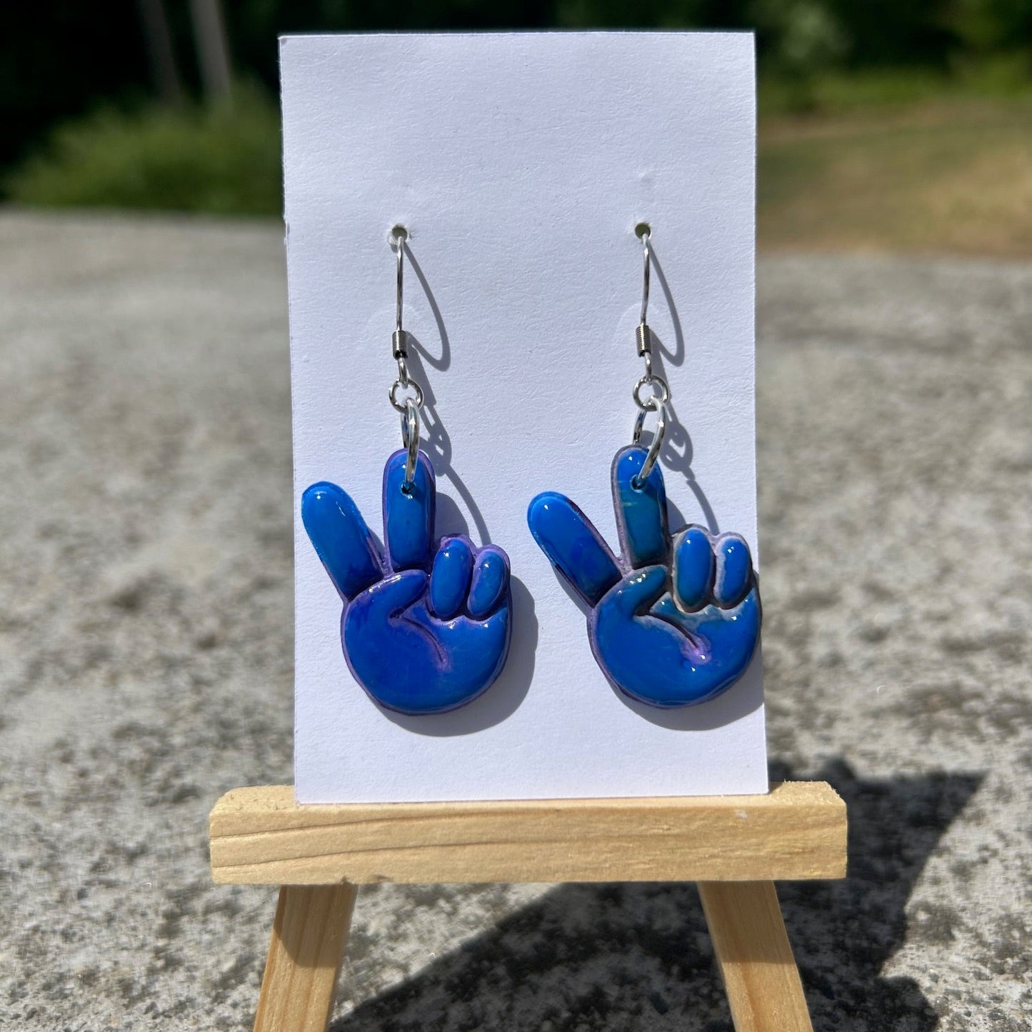Handmade Blue Peace Sign Hand Earrings – Polymer Clay Dangle Earrings, Retro 70s Hippie Boho Lightweight Jewelry