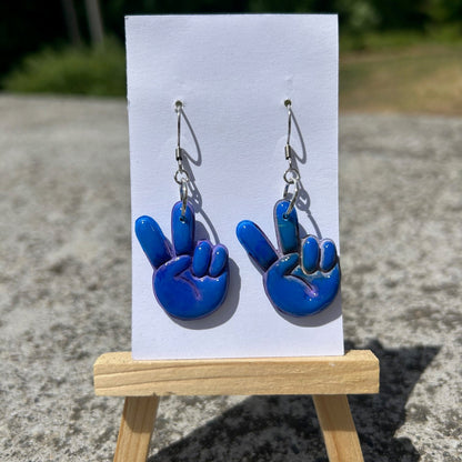Handmade Blue Peace Sign Hand Earrings – Polymer Clay Dangle Earrings, Retro 70s Hippie Boho Lightweight Jewelry
