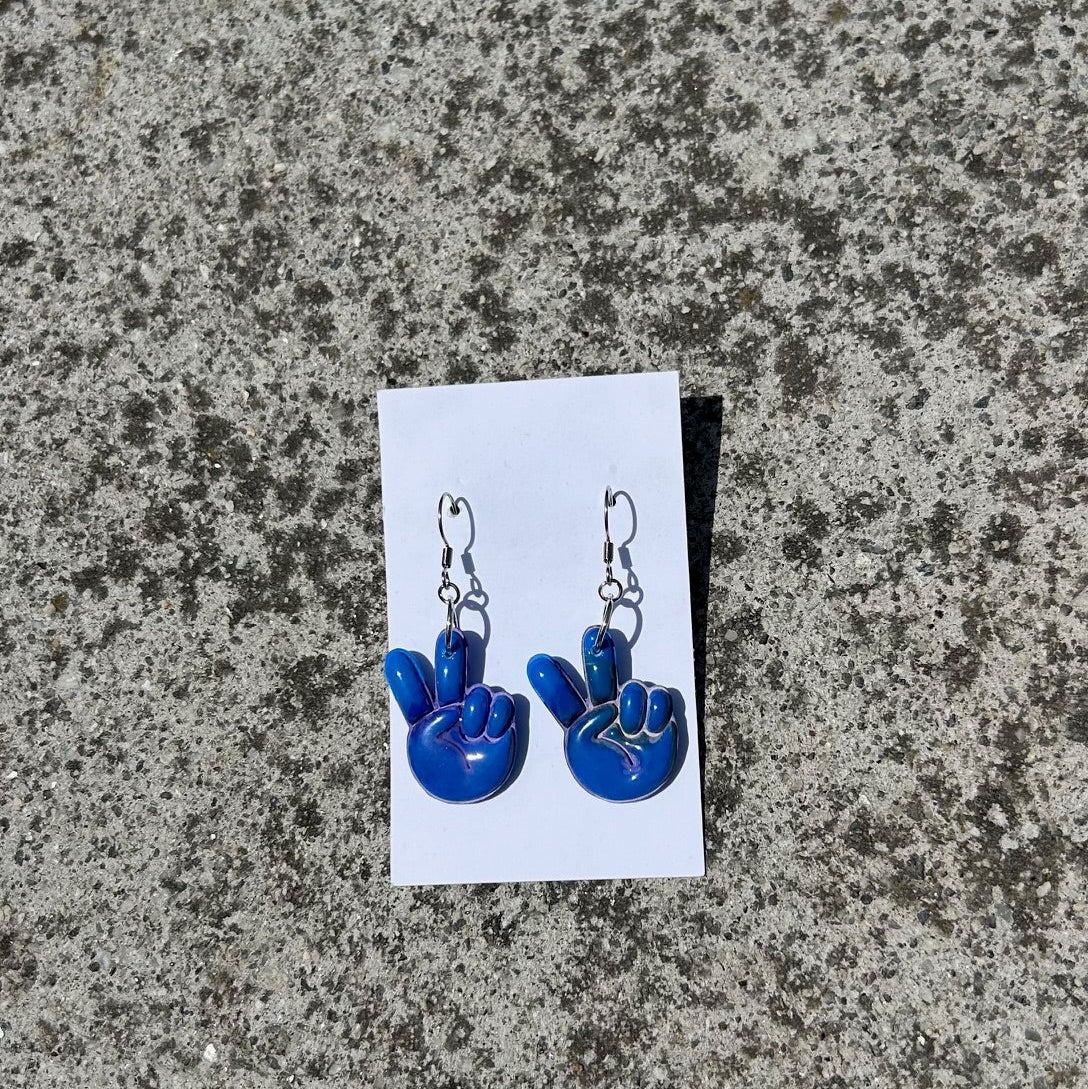 Handmade Blue Peace Sign Hand Earrings – Polymer Clay Dangle Earrings, Retro 70s Hippie Boho Lightweight Jewelry