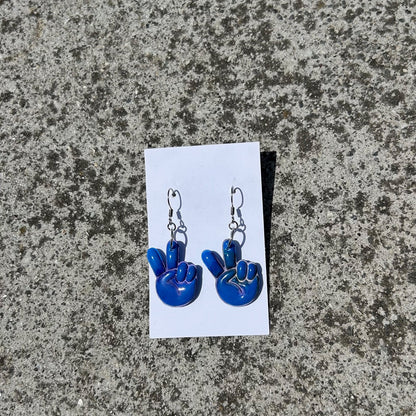 Handmade Blue Peace Sign Hand Earrings – Polymer Clay Dangle Earrings, Retro 70s Hippie Boho Lightweight Jewelry