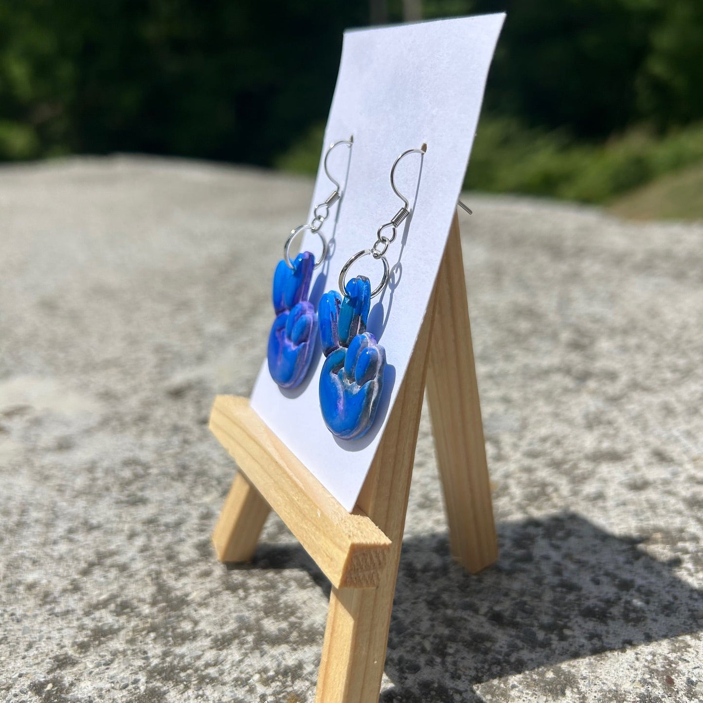 Handmade Blue Peace Sign Hand Earrings – Polymer Clay Dangle Earrings, Retro 70s Hippie Boho Lightweight Jewelry