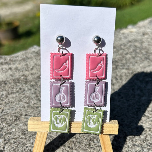 Spicy Garden Stamp Dangle Earrings — Polymer Clay