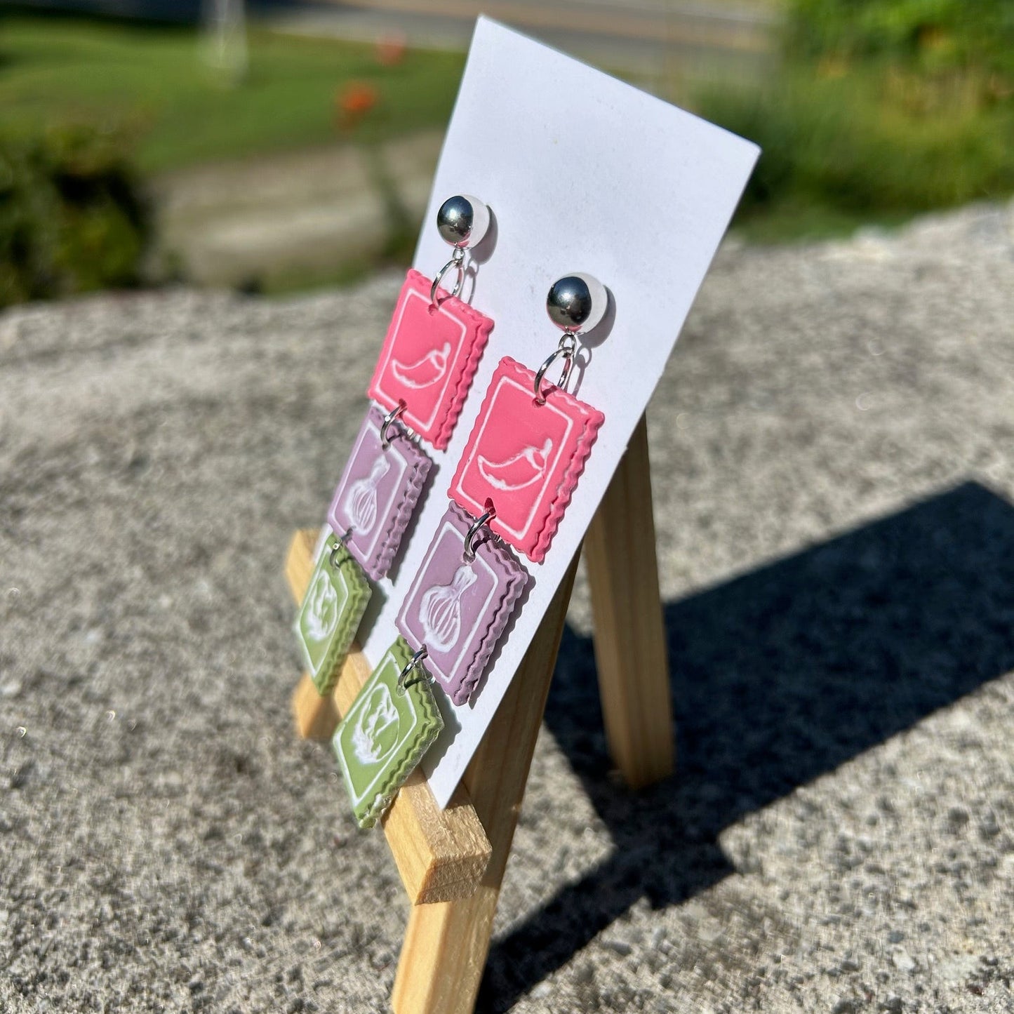 Spicy Garden Stamp Dangle Earrings — Polymer Clay