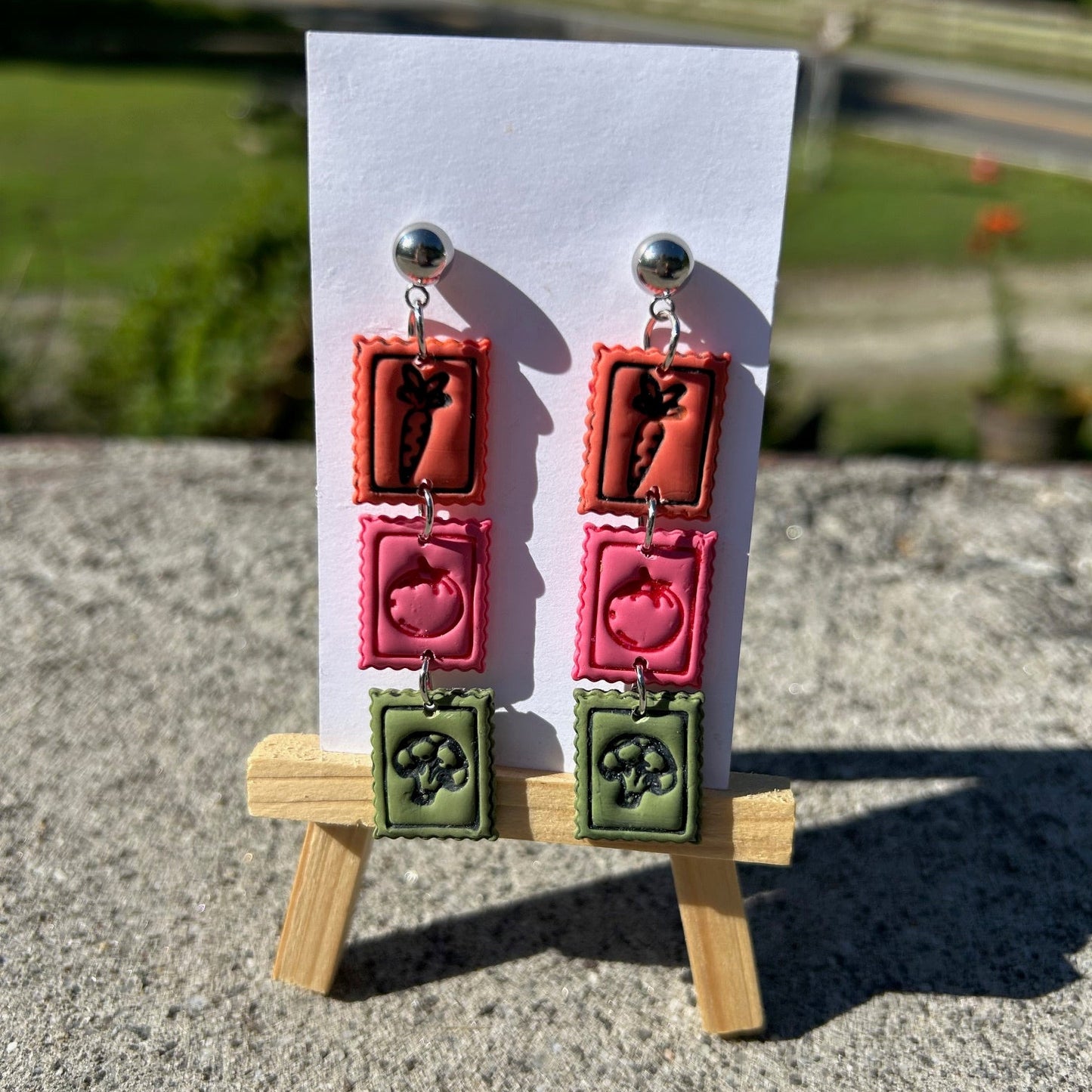 Garden Veggie Stamp Dangle Earrings — Polymer Clay