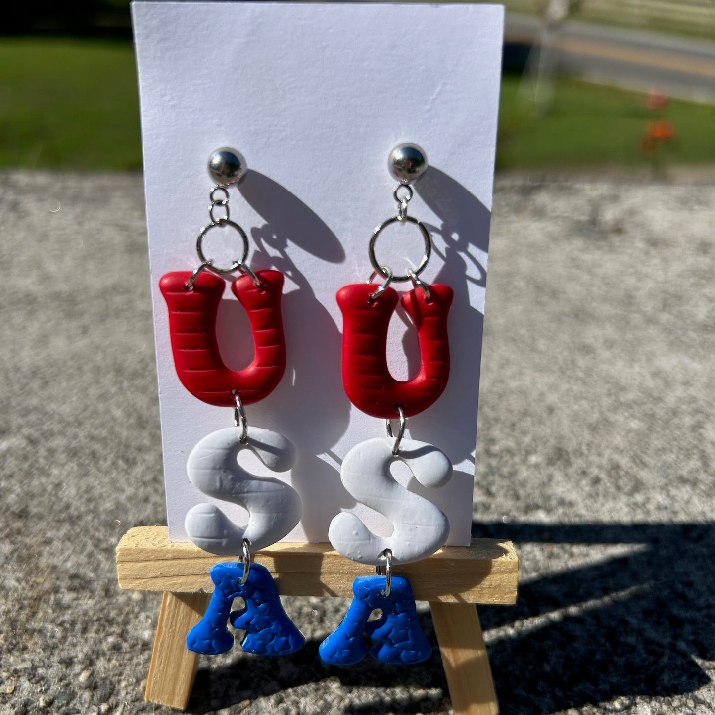 Red White & Blue Letter Dangle Earrings | Handmade Polymer Clay