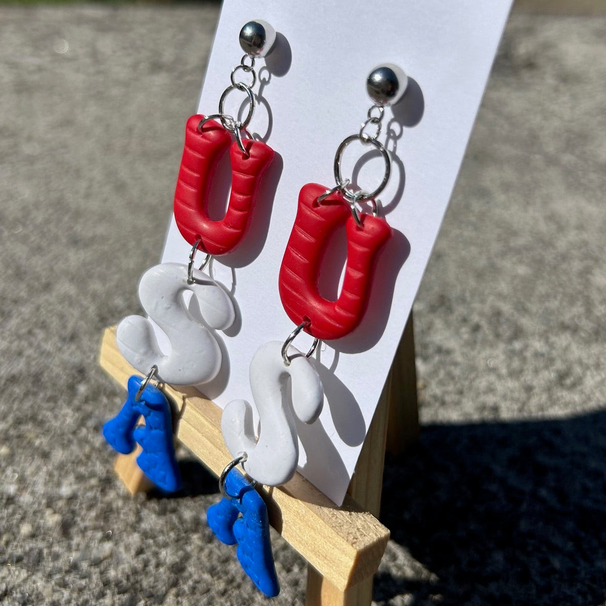 Red White & Blue Letter Dangle Earrings | Handmade Polymer Clay