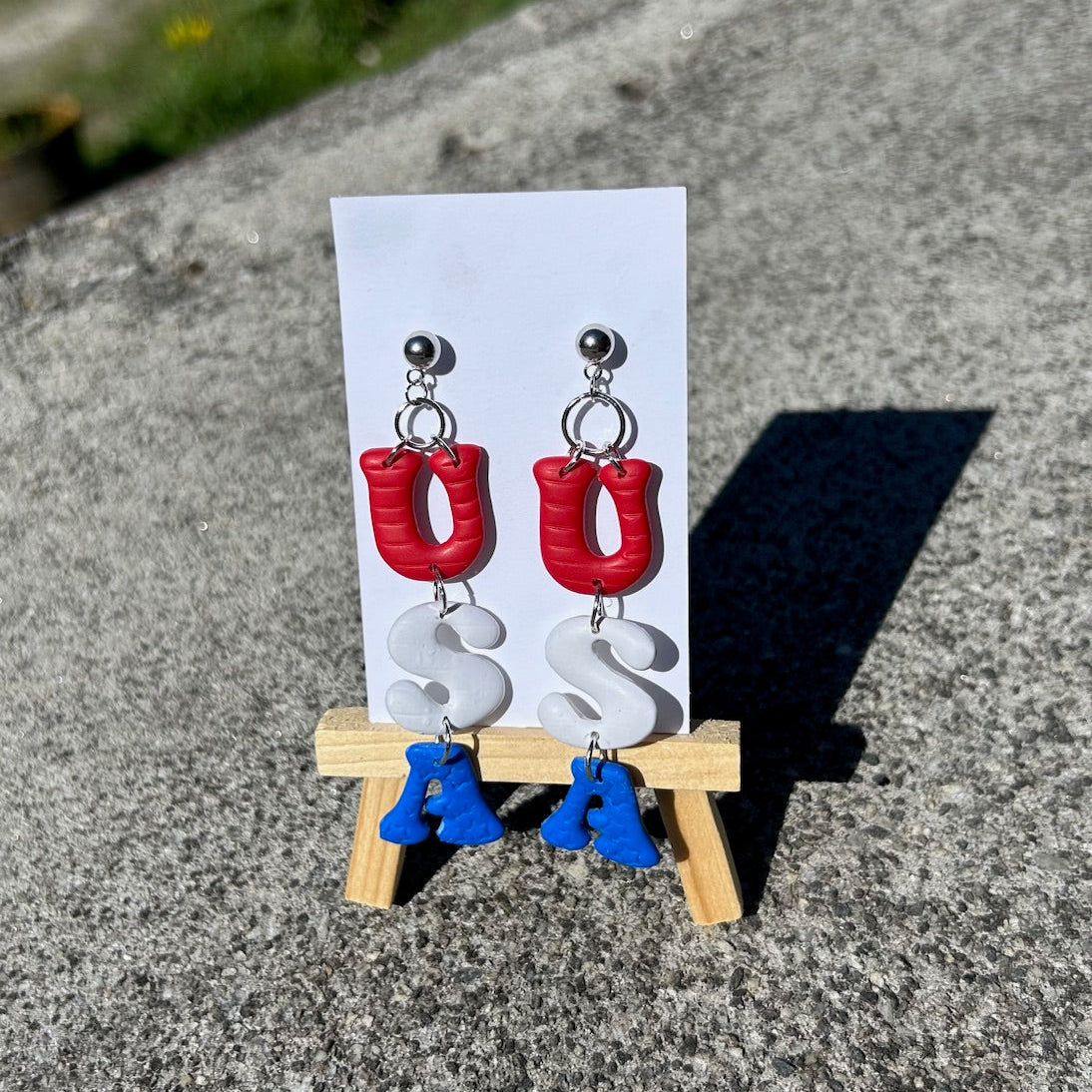 Red White & Blue Letter Dangle Earrings | Handmade Polymer Clay