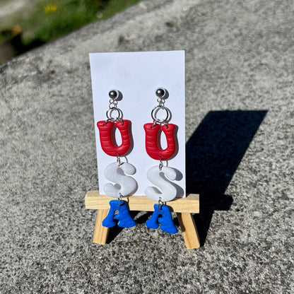 Red White & Blue Letter Dangle Earrings | Handmade Polymer Clay