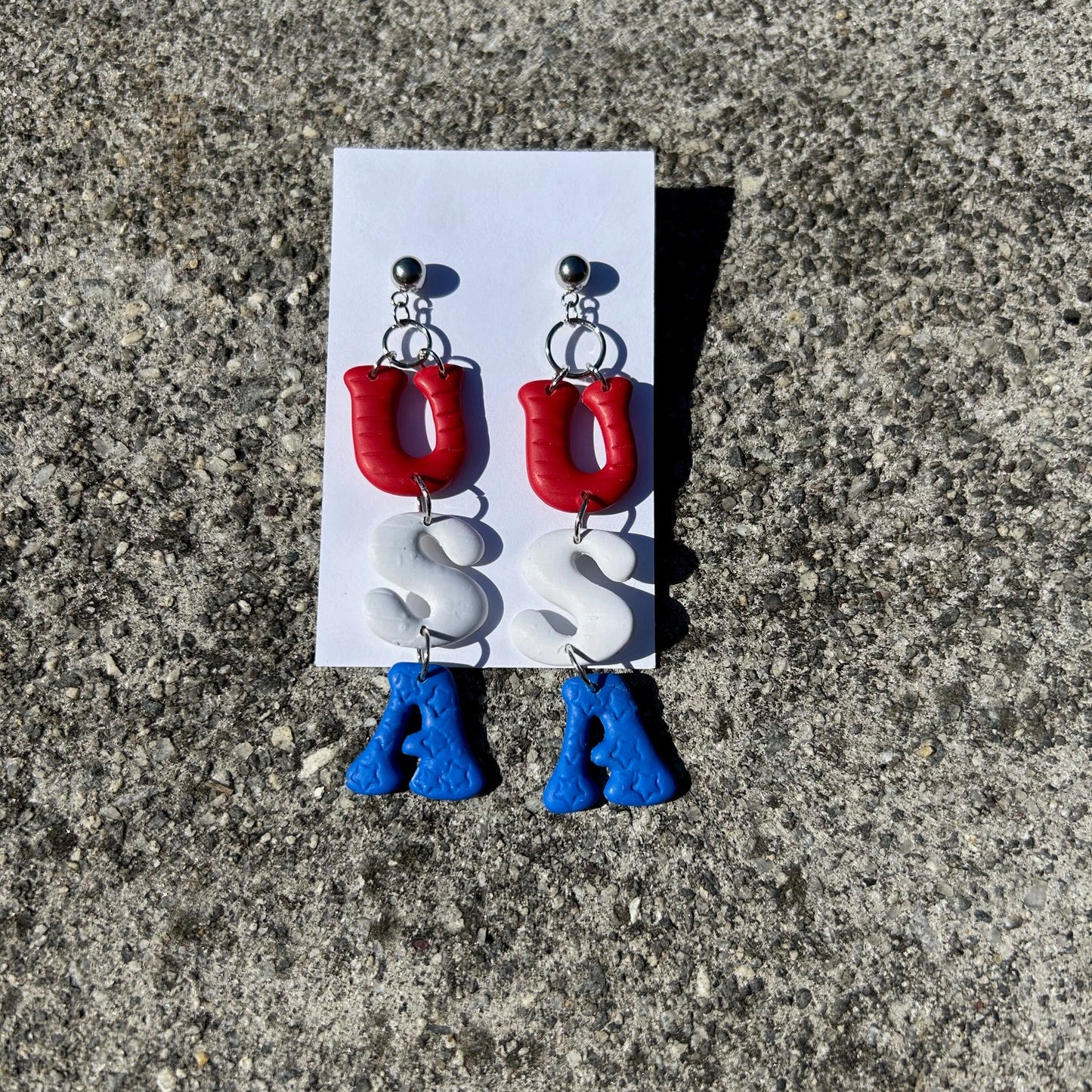 Red White & Blue Letter Dangle Earrings | Handmade Polymer Clay