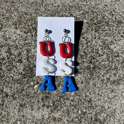 Red White & Blue Letter Dangle Earrings | Handmade Polymer Clay