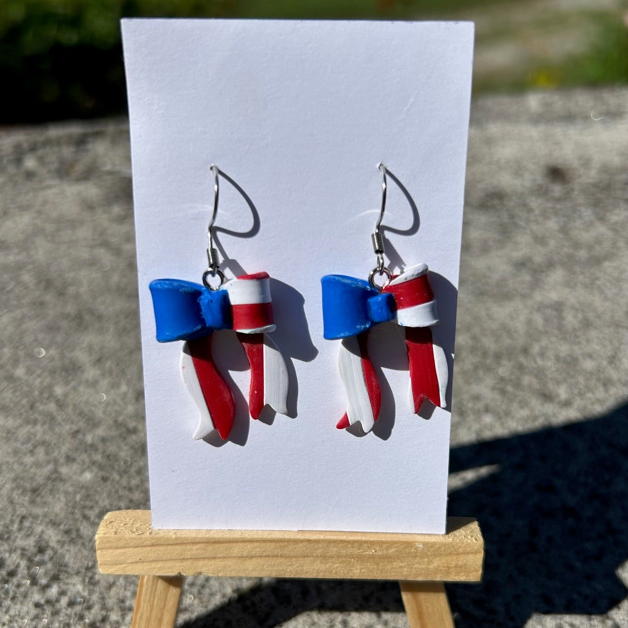 Patriotic Bow Earrings – Handmade Polymer Clay