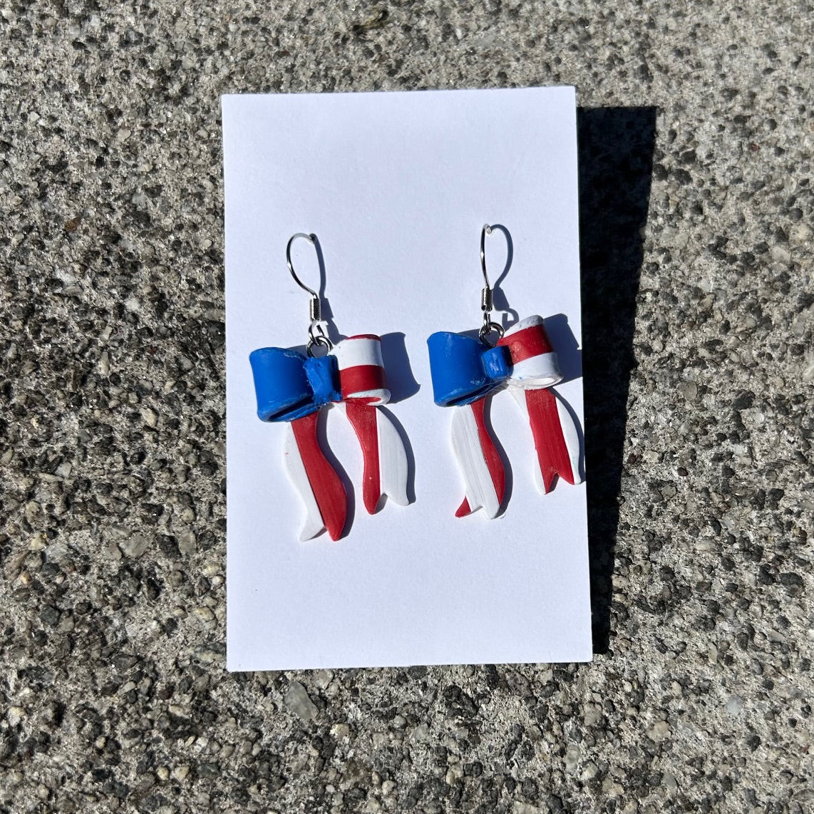 Patriotic Bow Earrings – Handmade Polymer Clay