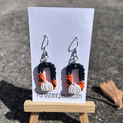 White Pumpkin Earrings – Black & Orange Halloween Dangles