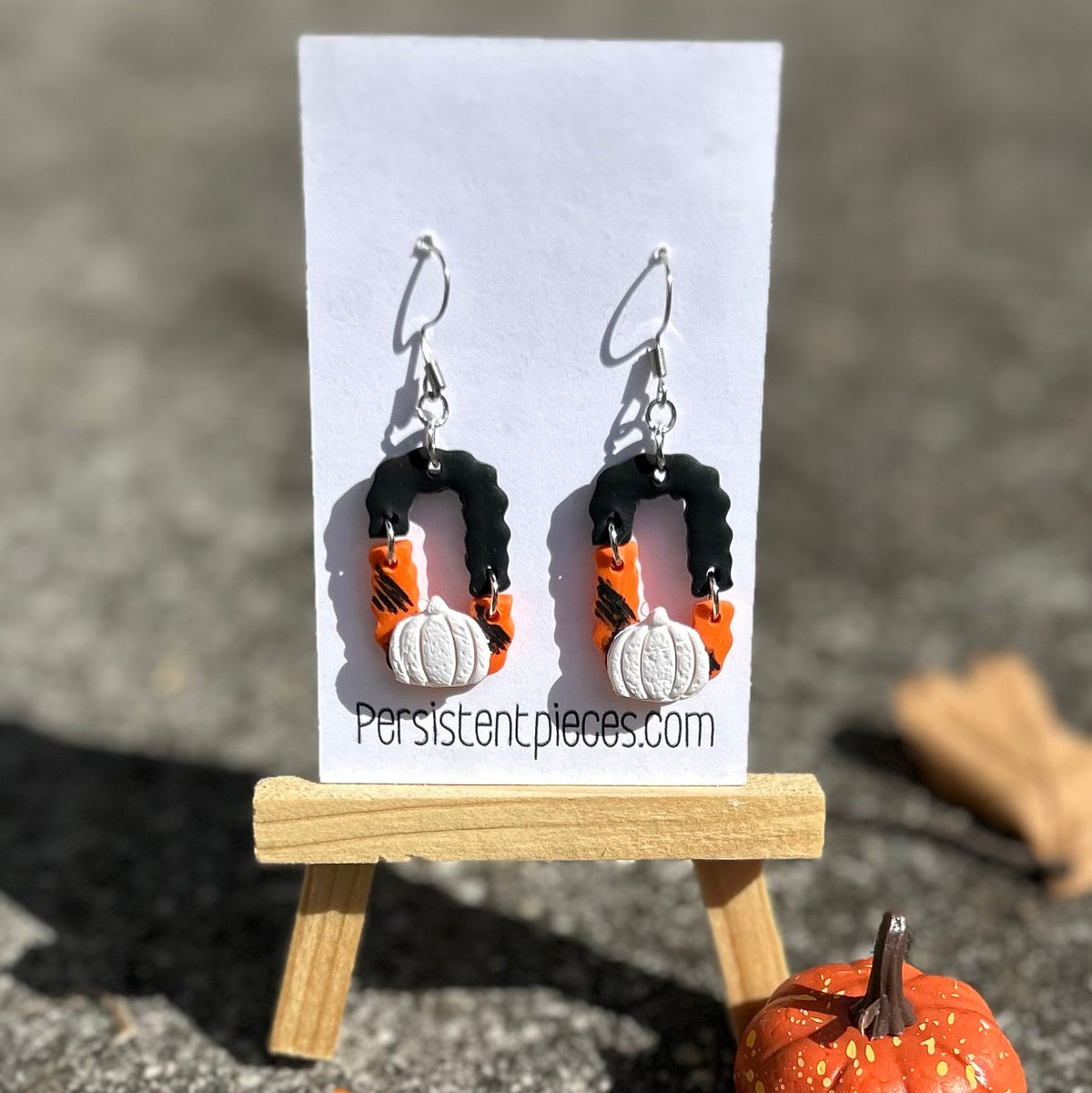 White Pumpkin Earrings – Black & Orange Halloween Dangles